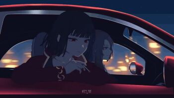 2girls animated black_hair bob_cut brown_hair car cigarette cityscape collared_shirt driving leaning_out_of_window limbus_company liu_association_south_(identity)_(project_moon) liu_association_south_uniform long_hair long_sleeves looping_animation motor_vehicle multiple_girls open_mouth open_window parted_bangs project_moon red_eyes rodion_(project_moon) ryoshu_(project_moon) shirt short_hair smile smoking tagme te4_p0t video window