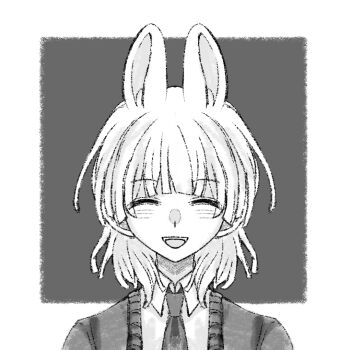 Rule 34 | 1boy, :d, animal ears, cardigan, chinese commentary, closed eyes, collared shirt, commentary request, dress shirt, fortha, greyscale, monochrome, necktie, open mouth, portrait, rabbit boy, rabbit ears, saihate eki, shirt, short hair, smile, solo, tatsunami shion