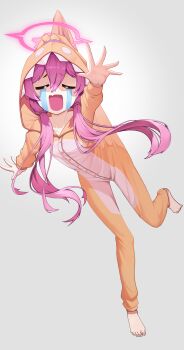 1girl absurdres animal_ears barefoot blue_archive blush closed_eyes commentary crying facing_viewer fake_animal_ears fang floating_hair full_body furrowed_brow hair_between_eyes half_updo halo highres ko_otori127 koyuki_(blue_archive) koyuki_(pajamas)_(blue_archive) long_hair long_sleeves low_twintails midair official_alternate_costume official_alternate_hairstyle open_mouth orange_pajamas outstretched_arms outstretched_hand pajamas pink_hair pink_halo rabbit_ears short_eyebrows skin_fang solo streaming_tears tears thick_eyebrows toes twintails very_long_hair