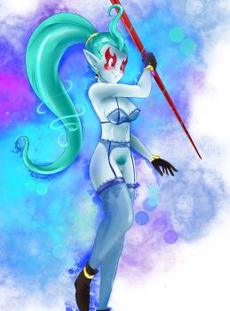 Rule 34 | absurdres, aqua hair, blue hair, bra, breasts, demon girl, dragon ball, dragon ball heroes, earrings, female focus, flatpancakesjim, garter straps, gloves, highres, jewelry, lingerie, long hair, markings, medium breasts, pointy ears, ponytail, potara earrings, pubic hair, pussy, putine (dragon ball), red eyes, simple background, staf, underwear