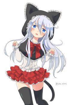 1girl alternate_costume animal_ear_hood black_thighhighs blue_eyes blue_hair blush bow bowtie cat_tail commentary_request cowboy_shot double-parted_bangs fake_animal_ears frilled_skirt frills hair_between_eyes hibiki_(kancolle) highres hood kantai_collection long_hair long_sidelocks looking_at_viewer motohara_moka open_mouth paw_pose red_bow red_bowtie red_skirt shirt sidelocks simple_background skirt sleeves_past_wrists solo tail thighhighs very_long_hair white_background white_shirt