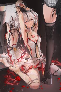 2girls armpits arms_up asymmetrical_clothes barefoot bdsm black_boots black_eyes black_ribbon black_thighhighs boots breasts camellya_(wuthering_waves) closed_mouth clothing_cutout collar collarbone commentary dress earrings feet female_rover_(wuthering_waves) flower_on_chest gold_earrings hair_between_eyes hair_ribbon hair_vines highres jewelry kneeling medium_breasts mirror multicolored_hair multiple_girls navel nevercrymoon pants petals red_petals red_pupils red_ribbon reflection ribbon rover_(wuthering_waves) short_hair sideless_dress single_pantsleg smile soles standing stomach_cutout streaked_hair tacet_mark_(wuthering_waves) thigh_boots thighhighs thighhighs_under_boots thighs toes white_collar white_dress white_hair white_pants wuthering_waves yuri
