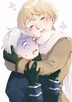 2boys asphyxiation axis_powers_hetalia black_gloves blonde_hair blue_jacket blush brown_coat bug butterfly closed_eyes coat commentary_request drooling gloves grey_hair hand_on_another's_head hands_up highres hug insect inuinu_k jacket long_sleeves male_focus military_jacket multiple_boys open_mouth prussia_(hetalia) purple_butterfly russia_(hetalia) scarf short_hair simple_background smile sweat teeth upper_body white_background white_scarf yaoi