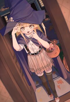 1girl absurdres belt black_thighhighs blonde_hair candy candy_cane food fortissimo hair_ornament halloween halloween_costume hashtag-only_commentary hat highres holding hololive hololive_dev_is jack-o'-lantern looking_at_viewer musical_note musical_note_hair_ornament open_mouth otonose_kanade pumpkin selopangji shoes skirt thighhighs virtual_youtuber white_shoes witch_hat yellow_eyes