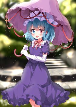 1girl blue_eyes blue_hair blush breasts choker commentary_request cosplay dress elbow_gloves feet_out_of_frame frilled_dress frills gloves hat heterochromia highres holding holding_umbrella medium_hair mob_cap open_mouth puffy_short_sleeves puffy_sleeves purple_dress purple_umbrella red_eyes red_ribbon ribbon ribbon_choker ruu_(tksymkw) short_sleeves small_breasts solo tatara_kogasa touhou umbrella white_gloves white_hat yakumo_yukari yakumo_yukari_(cosplay)