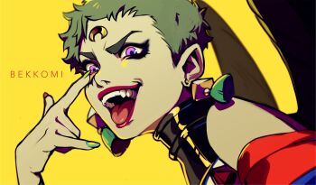 bekkomi earrings eris_(hades) fangs grey_hair highres jewelry makeup multicolored_nails necklace pink_eyes pixie_cut short_hair tongue tongue_out