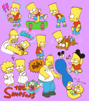 20th_century_fox angry bald bart_simpson beard blonde_hair blue_cloth blue_hair blue_pants blue_shorts chawako_(spchawanmushi) clown colored_skin cross dog dress facial_hair family feet green_dress green_hair hickey highres homer_simpson japanese_text krusty_the_clown lisa_simpson long_hair makeup marge_simpson mickey_mouse pants red_dress red_shirt santa's_little_helper shirt shoes shorts shota sitting skateboard skateboarding smile strangling the_simpsons white_facepaint white_shirt yellow_skin