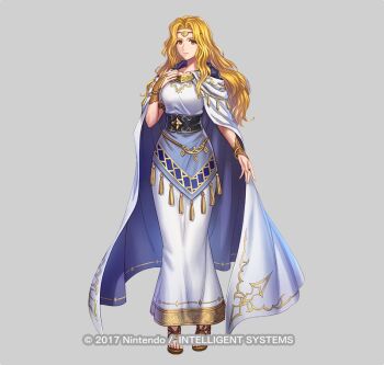 1girl anbe_yoshirou armlet bilingual_commentary black_corset blonde_hair bracelet breasts bridal_gauntlets brown_bridal_gauntlets brown_eyes brown_sandals circlet cleric cloak closed_mouth commentary copyright_notice corset curtained_hair dress edain_(fire_emblem) expressionless fire_emblem fire_emblem:_genealogy_of_the_holy_war fire_emblem_heroes forehead_protector full_body grey_background hand_on_own_chest hood hood_down hooded_cloak jewelry long_dress long_hair looking_at_viewer medium_breasts mixed-language_commentary nintendo official_art sandals simple_background solo standing transparent_background wavy_hair white_cloak white_dress