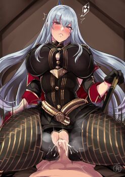 ! 1girl bodysuit breasts clothed_female_nude_male clothing_cutout commission crotch_cutout cum cum_in_pussy erection highres huge_breasts imminent_penetration large_penis looking_at_viewer lying_pov nude penis pov pussy red_eyes revolverwing selvaria_bles senjou_no_valkyria_(series) sex smile spread_legs vaginal white_hair