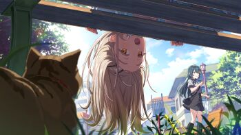 2girls bench cat gakuen_idolmaster idolmaster multiple_girls official_art park shinosawa_hiro tree