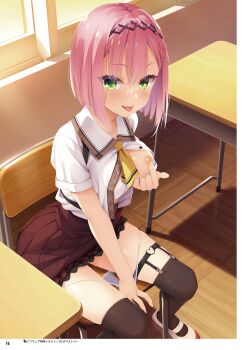 1girl :p absurdres ascot backlighting between_legs black_hairband black_thighhighs blush bob_cut bra breasts brown_skirt chair classroom crossed_bangs double-parted_bangs eyelashes eyes_visible_through_hair fang frilled_skirt frills from_above garter_straps grabbing_own_breast green_eyes hair_between_eyes hair_ornament hairband hairclip hand_between_legs heart heart_o-ring highres indoors legwear_garter looking_at_viewer mary_janes medium_hair mesugaki miniskirt mizuka_academy_school_uniform muririn nipple_stimulation nipple_tweak nipples o-ring o-ring_thigh_strap official_art on_chair one_breast_out open_clothes open_shirt panties panty_pull pink_hair pulling_own_clothes school_chair school_uniform seductive_smile shiny_skin shirt shoes sitting skindentation skirt smile solo straight_hair sunset suspender_skirt suspenders tanikaze_amane tenshi_souzou_re-boot! thigh_strap thighhighs thighs third-party_source tongue tongue_out tweaking_own_nipple underwear white_bra white_panties white_shirt white_shoes yellow_ascot zettai_ryouiki