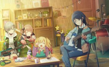 4girls :o ^_^ bass_guitar black_hair black_sweater blonde_hair blue_jacket blue_pants book book_stack brown_hair chair closed_eyes closed_mouth collared_sweater colorful_palette crescent cup door drum drum_set game_cg gradient_hair green_eyes green_jacket grey_eyes grey_hair hair_ornament hairclip headphones highres hinomori_shiho hood hoodie hoshino_ichika_(project_sekai) instrument jacket leo/need_(project_sekai) mochizuki_honami mug multicolored_hair multiple_girls official_art open_clothes open_jacket pants phenny_(project_sekai) pink_hair pink_jacket plant potted_plant project_sekai purple_jacket resonate_with_you_(project_sekai) shelf sidelocks sitting smile speaker star_(symbol) string_of_light_bulbs sweater table tenma_saki third-party_source torn_clothes torn_pants white_hoodie x_hair_ornament yawning