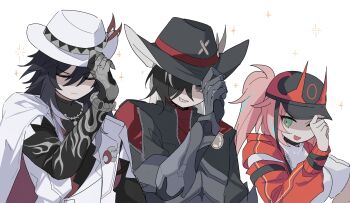Rule 34 | 1girl, 2boys, absurdres, adjusting clothes, adjusting headwear, arm tattoo, ashveil (honkai: star rail), badge, baseball cap, black hair, boothill (honkai: star rail), chabb nb, commentary request, cowboy hat, crop top, cyborg, fake horns, fedora, gradient hair, green eyes, grey eyes, hair between eyes, hair over one eye, hat, hat feather, hat ornament, high ponytail, highres, honkai: star rail, honkai (series), horns, jacket, jewelry, korean commentary, long hair, multicolored hair, multiple boys, necklace, pink hair, ponytail, rappa (honkai: star rail), smile, sparkle, streaked hair, tattoo, white hair, zipper