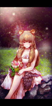 1girl animal_ear_fluff animal_ears bare_arms bare_legs breasts bride brown_hair chest_tattoo cleavage commentary commentary_request crossed_legs dress english_commentary feet_out_of_frame flower highres holding holding_flower kuo_chun_yu letterboxed long_hair looking_at_viewer metal_hair_tubes mixed-language_commentary on_wall outdoors pink_eyes raccoon_ears raccoon_girl raphtalia sitting slave_brand sleeveless sleeveless_dress smile solo straight-on straight_hair tate_no_yuusha_no_nariagari tattoo wedding_dress white_dress