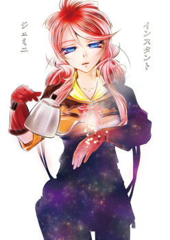 1girl blue_eyes cowboy_western freckles galaxy gemini_sunrise gloves hand_up jacket kannah kettle orange_jacket ponytail pouring pouring_onto_self red_gloves red_hair red_ribbon ribbon sakura_taisen sakura_taisen_v sidelocks star_(symbol) translation_request