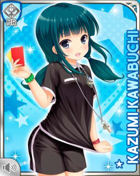 1girl :d black_eyes black_shirt black_shorts blue_background blue_hair card card_(medium) character_name girlfriend_(kari) holding holding_card kawabuchi_kazumi looking_at_viewer low_twintails official_art open_mouth penalty_card qp:flapper referee shirt shorts smile soccer_uniform solo sportswear standing thighs twintails watch whistle whistle_around_neck wristwatch
