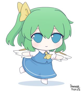 Rule 34 | 1girl, ascot, blue dress, blue eyes, bow, check commentary, chibi, chibi only, commentary request, daiyousei, dated, deformed, dounaga nuko, dress, fairy, fairy wings, full body, fumo (doll), green hair, hair bow, hair ribbon, outstretched arms, ribbon, shirt, short hair, side ponytail, signature, simple background, smile, solo, standing, standing on one leg, touhou, white background, wings, yellow ascot, yellow bow