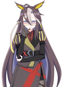 1girl ahoge animal_ears belt black_belt black_shorts blue_eyes blush brown_hair closed_mouth coat commentary_request dream_journey_(reminder_of_dreamland)_(umamusume) dream_journey_(umamusume) eyewear_strap glasses gloves grey_jacket grey_pantyhose grey_skirt hair_between_eyes highres horse_ears horse_girl jacket kei_(nittotiru) long_hair long_sleeves looking_at_viewer multicolored_hair pantyhose puffy_sleeves red_shirt shirt shorts simple_background single_glove skirt smile solo umamusume white_background white_hair