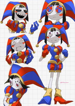 1girl absurdres asymmetrical_footwear asymmetrical_gloves black_hair blush_stickers clenched_hands colored_skin constricted_pupils crazy crazy_eyes drooling film_grain gloves grid_background half-closed_eyes hat high_heels highres jester_cap mismatched_footwear mismatched_gloves multicolored_eyes multiple_expressions no_nose pointy_shoes pom_pom_(clothes) pomni_(the_amazing_digital_circus) puffy_short_sleeves puffy_sleeves running scared sharp_teeth shoes short_sleeves simple_background solo sonokare standing teeth the_amazing_digital_circus twitter_username vertical-striped_bodysuit white_background white_skin wide-eyed