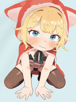 1girl absurdres aged_down bikini black_bikini black_souls black_souls_2 black_thighhighs blonde_hair blue_eyes breasts highres hood loli looking_at_viewer looking_up micro_bikini navel red_hood_(black_souls) small_breasts solo squatting stomach suwuart swimsuit thighhighs