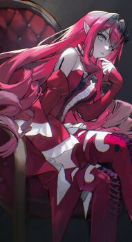 Rule 34 | 1girl, baobhan sith (fate), baobhan sith (first ascension) (fate), boots, breasts, detached sleeves, dress, fate/grand order, fate (series), frilled dress, frills, grey eyes, hair ornament, hashtag-only commentary, highres, jiajiayu, long hair, looking at viewer, pink hair, pointy ears, red dress, sidelocks, sitting, solo, thigh boots