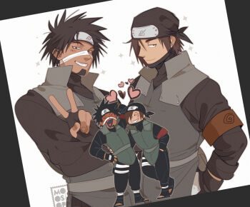 2boys black_border black_hair black_pants blush border brown_hair closed_mouth commentary english_commentary fangs fingerless_gloves flak_jacket full_body gloves grin hagane_kotetsu hand_on_another's_waist heart jacket kamizuki_izumo konohagakure_shinobi_uniform konohagakure_symbol looking_at_another looking_at_viewer male_focus moosopp multiple_boys multiple_views naruto_(series) open_mouth pants short_hair smile standing teeth v yaoi