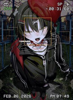 Rule 34 | 1boy, alternate costume, artist name, balloon, black hair, black jacket, black shoes, chain-link fence, choker, commentary, dated, fangs, fence, foreshortening, full body, hair between eyes, hair ornament, hairclip, highres, holding, holding balloon, jacket, long sleeves, looking at viewer, male focus, mashiro meme, nijisanji, open mouth, outdoors, safety pin, safety pin hair ornament, shoes, short hair, single sleeve past fingers, single sleeve past wrist, smile, solo, spiked choker, spikes, two side up, untranslatable commentary, virtual youtuber, x hair ornament, xdoxa89, yellow eyes
