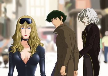 blonde_hair blue_eyes boyfriend breasts brown_eyes catsuit choker cleavage coat cowboy_bebop curls distracted_boyfriend_(meme) green_hair highres julia_(cowboy_bebop) leather meme nekro-comix spike_spiegel sunglasses sunglasses_on_head trench_coat vicious_(cowboy_bebop)