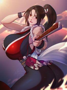 1girl absurdres ass black_bodysuit bodysuit breasts brown_hair curvy fatal_fury hand_fan high_ponytail highres holding holding_fan huge_ass huge_breasts lips looking_at_viewer motoyui ponytail revealing_clothes shiny_skin shiranui_mai skin_tight snk the_king_of_fighters thong weapon wide_hips xuuikie_ashe