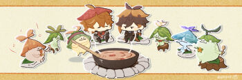 Rule 34 | 2boys, aranara (genshin impact), campfire, chibi, dimples, food, genshin impact, gils3105, image sample, multiple boys, musical note, pixiv, pixiv sample, soup, stew, tartaglia (genshin impact), zhongli (genshin impact)