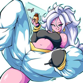 1girl absurdres android_21 black_tube_top blue_eyes choker colored_skin cupcake dragon_ball dragon_ball_fighterz earrings food harem_pants high_heels highres holding holding_food hoop_earrings jewelry licking_lips light_persona long_hair looking_at_viewer majin_android_21 midriff navel pants pink_skin pointy_ears rotze signature solo strapless tail tongue tongue_out tube_top white_hair yellow_choker