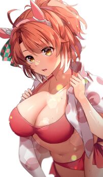1girl absurdres alternate_costume animal_ears bikini blurry blush bokeh breasts brown_eyes brown_hair cleavage commentary_request dantsu_flame_(umamusume) depth_of_field ear_covers highres horse_ears horse_girl large_breasts looking_at_viewer multicolored_hair navel open_clothes open_mouth open_shirt ponytail red_bikini sakura_yoru shirt simple_background skindentation solo streaked_hair sweat swimsuit umamusume white_background white_shirt white_streaks