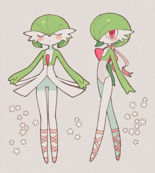 Rule 34 | 1girl, :o, ballet slippers, batrobin k, blush, blush stickers, bob cut, closed eyes, closed mouth, clothed pokemon, colored skin, female focus, flat chest, gardevoir, gen 3 pokemon, green hair, green skin, grey background, grey leotard, hair between eyes, hair over one eye, highres, legs, leotard, long legs, looking at viewer, multicolored skin, multiple views, neck ribbon, nintendo, no feet, one eye covered, open mouth, pink ribbon, pink shoes, pokemon, pokemon (creature), red eyes, ribbon, shoes, short hair, simple background, strapless, strapless leotard, two-tone skin, u u, white skin