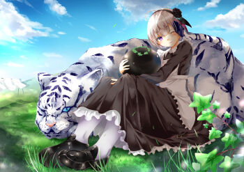 1girl absurdres ahoge albino animal apron byakko_(heaven_burns_red) cloud cloudy_sky commentary_request grey_hair heaven_burns_red highres laundry maid maid_apron minase_sumomo naonao_(naonaonakopan18) narby_(heaven_burns_red) on_grass purple_eyes short_hair sitting sky slime_(substance) tiger white_tiger