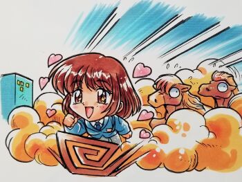 Rule 34 | 1girl, animal, blue jacket, blue necktie, brown eyes, brown hair, building, chibi, chibi only, commentary request, emphasis lines, fang, grey skirt, heart, highres, horse, jacket, kokomahi, medium hair, necktie, official art, open mouth, running, school uniform, sentimental graffiti, shirt, skirt, smile, solo, star (symbol), star in eye, steam, symbol in eye, traditional media, white shirt, yamamoto rurika