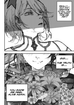 2girls absurdres bouquet cecilia_immergreen cecilia_immergreen_(1st_costume) chainsaw_man closed_mouth cracked_skin detached_collar english_text flower gigi_murin gigi_murin_(1st_costume) greyscale highres hololive hololive_english kizuru09 light_blush monochrome multiple_girls scene_reference short_hair virtual_youtuber