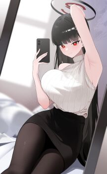 absurdres black_hair black_halo black_pantyhose blue_archive breasts bright_pupils cellphone commentary_request halo highres holding holding_phone indoors korean_commentary large_breasts long_hair mirror_selfie multicolored_halo pantyhose phone red_eyes ringed_eyes rio_(blue_archive) selfie seueo sleeveless sleeveless_sweater smartphone solo sweater two-tone_halo white_pupils white_sweater