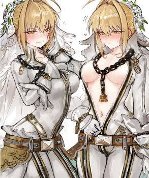 absurdres ahoge belt blonde_hair blush bodysuit breasts center_opening chain cleavage dual_persona fate/grand_order fate_(series) flower_wreath green_eyes hair_between_eyes hair_intakes head_wreath highres large_breasts lock long_hair looking_at_viewer navel nero_claudius_(bride)_(fate) nero_claudius_(fate) padlock smile thighs veil white_bodysuit yotsutsu428 zipper