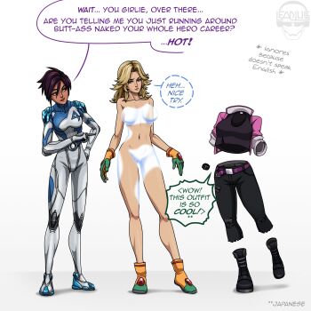 3girls absurdres belt black_hair black_shirt blue_bodysuit bodysuit boku_no_hero_academia breasts brown_eyes brown_hair commentary crop_top cropped_jacket crossover dark-skinned_female dark_skin dispatch english_commentary face_piercing fantastic_four hagakure_toru highres invisible invisigal_(dispatch) jacket marvel marvel_rivals multicolored_bodysuit multiple_girls naked_boots naked_gloves nose_piercing nose_ring nostril_piercing pants piercing pink_belt pink_jacket septum_piercing shirt short_hair sue_storm superhero_costume theleadius two-tone_bodysuit white_bodysuit