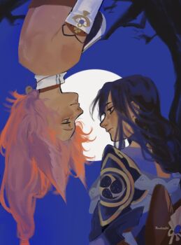 2girls animal_ears armor back_bow bare_back bare_shoulders bow braid branch breasts closed_mouth commentary detached_collar detached_sleeves english_commentary floral_print fox_ears fox_girl from_behind full_moon gem genshin_impact gold_trim hair_between_eyes highres japanese_clothes jewelry kimono large_bow lips long_hair long_sleeves looking_at_another low-tied_long_hair lowleg lowleg_panties magatama magatama_necklace medium_breasts mitsudomoe_(shape) moon multiple_girls necklace night nontraditional_miko outdoors panties pink_hair purple_eyes purple_gem purple_hair purple_kimono purple_sky raiden_shogun red_bow shirt shoulder_armor single_braid sky sleeveless sleeveless_shirt smile tomoe_(symbol) tree turtleneck turtleneck_shirt underwear upside-down white_shirt white_sleeves wide_sleeves yae_miko yuulinshi