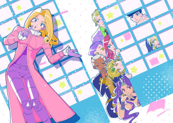 Rule 34 | 6+boys, :o, absurdres, asami poe n, bandage on cheek, black eyes, black hair, black necktie, blonde hair, blue eyes, blue eyeshadow, blush stickers, book, calligraphy brush, closed eyes, closed mouth, coat, collared shirt, colored eyelashes, commentary request, curly hair, dark-skinned male, dark skin, diamond wa kudakenai, diavolo, diego brando, dio brando, dutch angle, earrings, elbow rest, enrico pucci, eyeshadow, fang, freckles, frilled sleeves, frills, funny valentine, gloves, green eyes, green headband, green shirt, grin, headband, highres, index finger raised, interlocked fingers, jacket, jewelry, jojo no kimyou na bouken, jojolion, kars (jojo), kira yoshikage, lapels, lipstick, long hair, looking at another, looking at viewer, lying, makeup, multiple boys, necktie, notched lapels, on stomach, open book, open mouth, orange eyes, own hands clasped, own hands together, paintbrush, pants, parted lips, peeking out, pink coat, pink hair, pink lips, praying, purple eyes, purple gloves, purple hair, purple jacket, purple pants, purple shirt, red lips, shirt, short hair, shouji, sitting, skin fang, sliding doors, smile, star (symbol), stardust crusaders, steel ball run, stone ocean, sweatdrop, topless male, toru (jojolion), u u, v, vento aureo, very long hair, very short hair, vinegar doppio, white hair, wing collar, yellow eyes