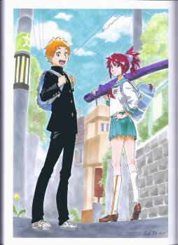 1boy 1girl 2020 abarai_ichika absurdres aged_up artbook backpack bag bleach bleach:_epilogue brown_shoes frown gakuran hand_on_own_hip highres kneehighs kubo_tite kurosaki_kazui miniskirt open_mouth orange_eyes orange_hair painting_(medium) pleated_skirt ponytail purple_eyes red_hair scan school_bag school_uniform serafuku shoes signature skirt smile sneakers socks third-party_source traditional_media watercolor_(medium) white_socks