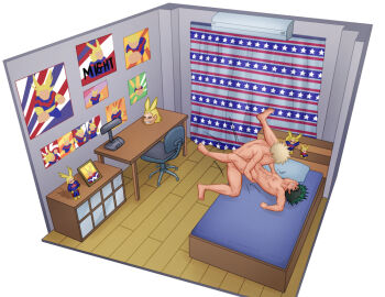 2boys all_might anal bakugou_katsuki boku_no_hero_academia bones_(company) camo caught dorm_room figurine indoors male_focus merchandise midoriya_izuku multiple_boys nude on_bed poster poster_(object) sex shounen_jump spiked_hair yaoi