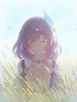 Rule 34 | 1girl, bare shoulders, coat, commentary, cyrene (philia093) (honkai: star rail), cyrene (honkai: star rail), english commentary, fetal position, hair ornament, honkai: star rail, honkai (series), jewelry, multicolored hair, necklace, parted lips, pink hair, purple coat, short hair, smile, solo, two-tone hair, wheat, white hair, ymge272