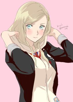 1girl black_jacket blazer blonde_hair blue_eyes cardigan closed_mouth commentary_request hair_down hair_ornament hairclip highres hood hood_down hooded_cardigan jacket jewelry komugi_(mugiwaraclub) long_hair long_sleeves looking_at_viewer open_clothes open_jacket persona persona_5 pink_background red_buttons school_uniform shuujin_academy_school_uniform simple_background solo swept_bangs takamaki_ann white_cardigan