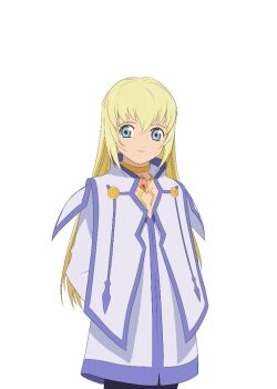 Rule 34 | 1girl, artist request, black pantyhose, blonde hair, blue eyes, blue trim, closed mouth, colette brunel, game cg, gem, gold choker, jewelry, long hair, looking at viewer, necklace, official art, pantyhose, red gem, smile, solo, tales of (series), tales of asteria, tales of symphonia, third-party source, transparent background