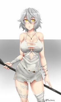 1girl artist_name bandaged_arm bandaged_leg bandages bare_arms bare_shoulders breasts code_vein collarbone commentary covered_erect_nipples cowboy_shot dress english_commentary female_focus grey_hair hair_between_eyes highres io_(code_vein) jewelry large_breasts looking_at_viewer necklace parted_lips polearm short_hair simple_background solo torn_clothes torn_dress twitter_username twrlare weapon white_dress yellow_eyes