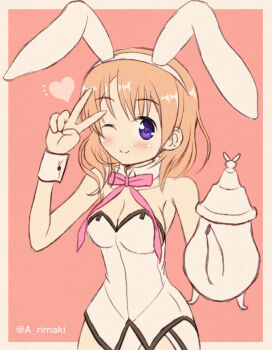 1girl a_rimaki animal_ears blush brown_hair commentary_request cowboy_shot gochuumon_wa_usagi_desu_ka? hoto_cocoa leotard pink_background pink_ribbon playboy_bunny purple_eyes rabbit_ears ribbon teapot v white_leotard wrist_cuffs