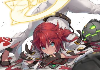 1girl anklet ass ball_and_chain_restraint bell-bottoms belt black_belt black_gloves black_shoes blue_eyes bodysuit broken_halo closed_mouth colored_inner_hair commentary crossed_arms dorpos foot_out_of_frame gloves guilty_gear guilty_gear_strive hair_between_eyes halo jack-o&#039;_challenge jack-o&#039;_valentine jewelry long_hair looking_at_viewer multicolored_hair pants red_gloves red_hair saeki_shun shoes simple_background smile solo spiked_halo spread_legs studded_belt top-down_bottom-up two-sided_gloves two-tone_gloves two-tone_hair v-shaped_eyebrows white_background white_bodysuit white_hair wide_spread_legs yellow_halo