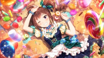 1girl ;d apron arms_up black_dress blue_flower blue_rose blush bracelet brown_hair candy candy_cane character_name cookie cosplay cross-laced_clothes cross-laced_dress dress dress_flower drill_hair drill_ponytail dutch_angle floral_print flower flower_bracelet flower_hairtie food frilled_apron frilled_dress frills game_cg gretel_(hansel_and_gretel) gretel_(hansel_and_gretel)_(cosplay) grin hair_spread_out hand_on_own_head high_side_ponytail idolmaster idolmaster_million_live! idolmaster_million_live!_theater_days jelly_bean jewelry lollipop looking_at_viewer lying medium_dress necktie official_art on_back one_eye_closed open_mouth oversized_food oversized_object puffy_short_sleeves puffy_sleeves purple_eyes ribbon rose short_sleeves side_drill side_ponytail sidelocks smile swirl_lollipop teeth third-party_source waist_apron white_apron wrist_flower yokoyama_nao